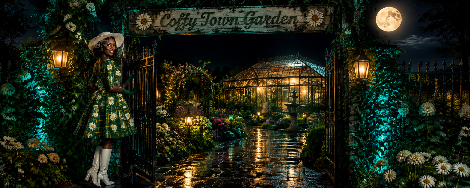 Dawn of Time at the Coffy Town Garden gate beneath the wooden Coffy Town Garden sign — teal lanterns, ivy, and a glass greenhouse glowing under a full moon.