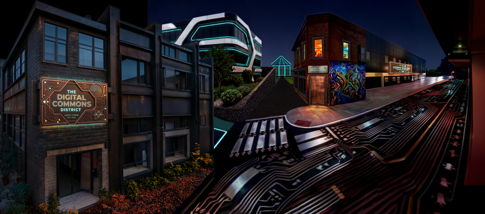 The Creative Commons District at night — the big blue, black, and white Press Complex and the neighboring Bed & Breakfast bearing the Creative Commons sign on the left, with Community Way running past them.